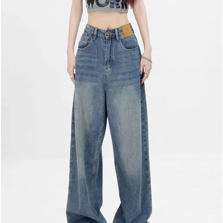 Women Retro Aesthetic Wide Leg Baggy Casual Denim Trouser Harajuku Blue High Waist Loose Jeans Spring Fashion Pants