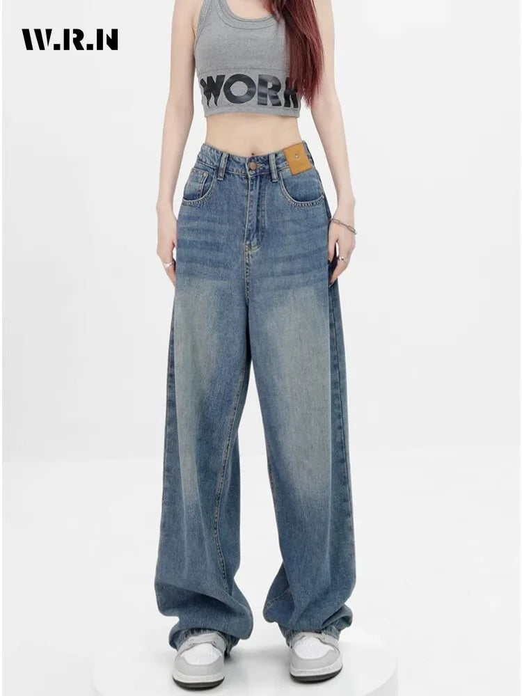 Women Retro Aesthetic Wide Leg Baggy Casual Denim Trouser Harajuku Blue High Waist Loose Jeans Spring Fashion Pants