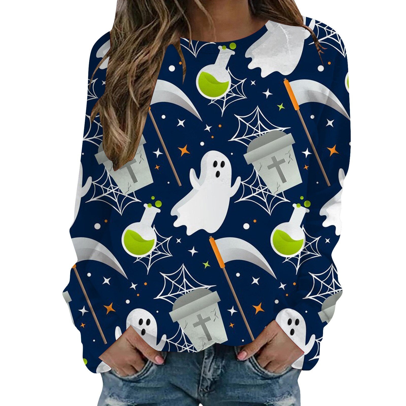 Women's Autumn Halloween Long Sleeved Round Neck Printed Lightweight Pullover Hoodless Sweatshirt Crop Fleece Sweater Womens