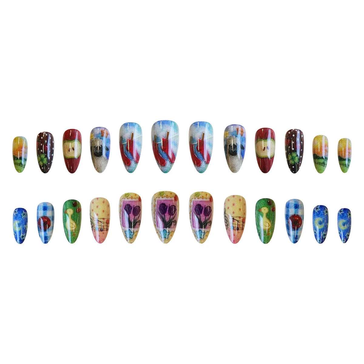 24pcs Cute Cartoon Fake Nail Tips Oil Painting Series Printed Almond Press On Nail Sweet Cool Charming False Nail For Spicy Girl