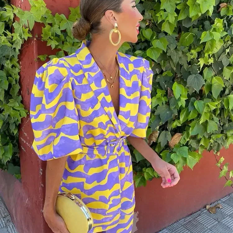 Wave Striped Print Blazer Pants Set For Women Loose Lapel Puff Short Sleeve Coat Suit New Elegant Female High Street Outfit