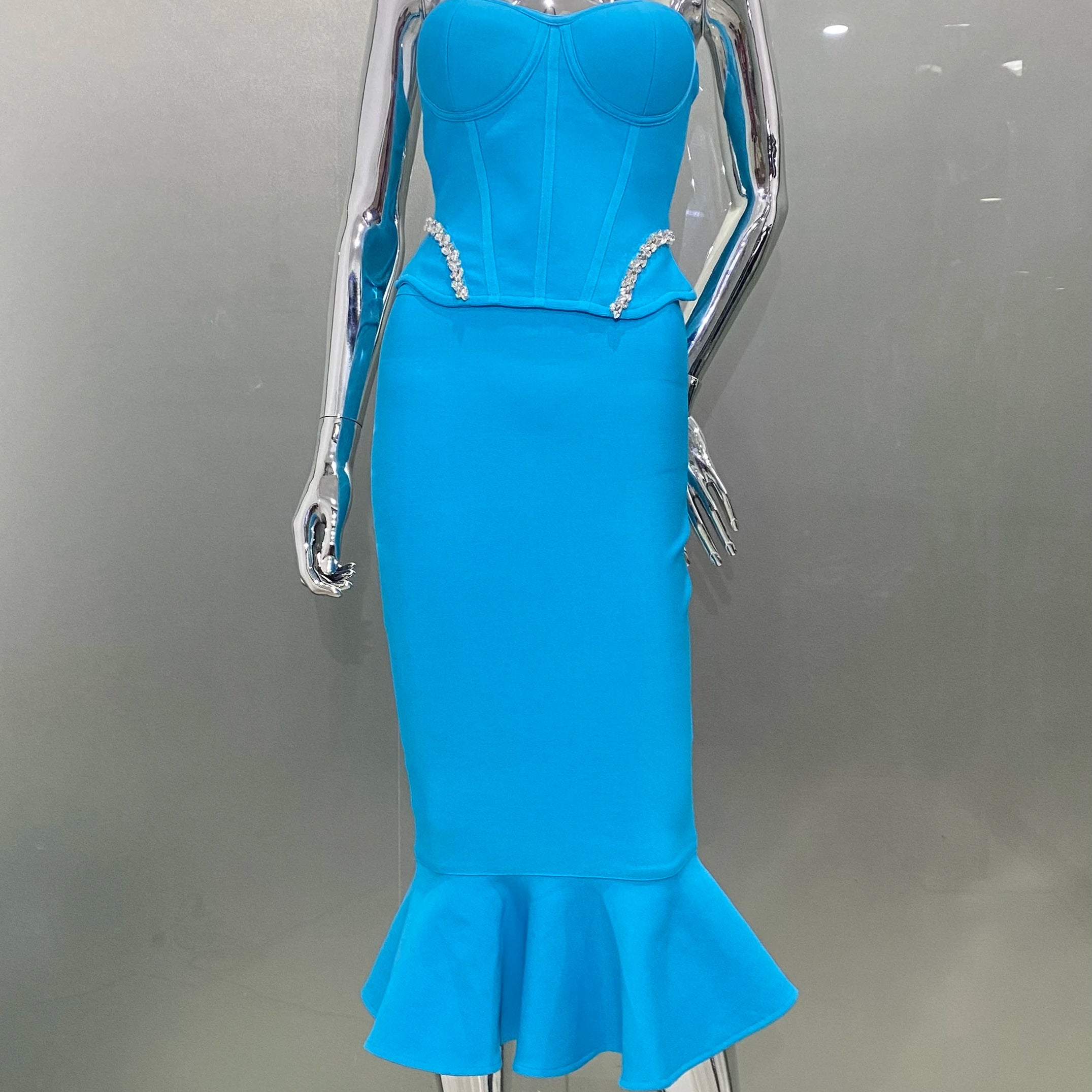 Blue Color Woman Bandage Set Shining Diamonds Strapless Top And Mid Calf Mermaid Skirt 2 Piece Set Cocktail Party Outfit Blue