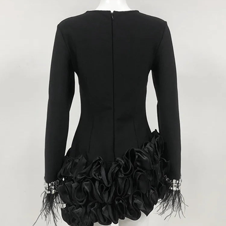 Women Celebrity Sexy Long Sleeve Diamonds Feather Beading Black Mini Bandage Dress 2025 Elegant Evening Club Party Outfit