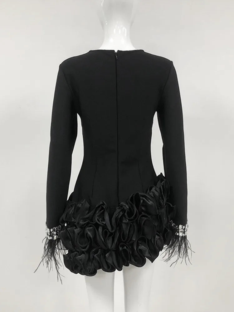 Women Celebrity Sexy Long Sleeve Diamonds Feather Beading Black Mini Bandage Dress 2025 Elegant Evening Club Party Outfit