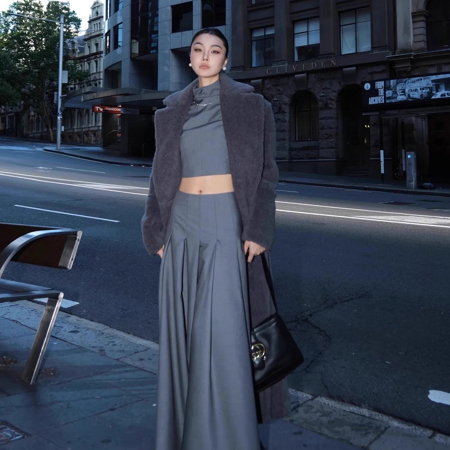 Lautaro Spring Autumn Grey Flowy Floor Length Pleated Skirt Women with Side High Slit High Waist Elegant Luxury Designer Clothes Grey