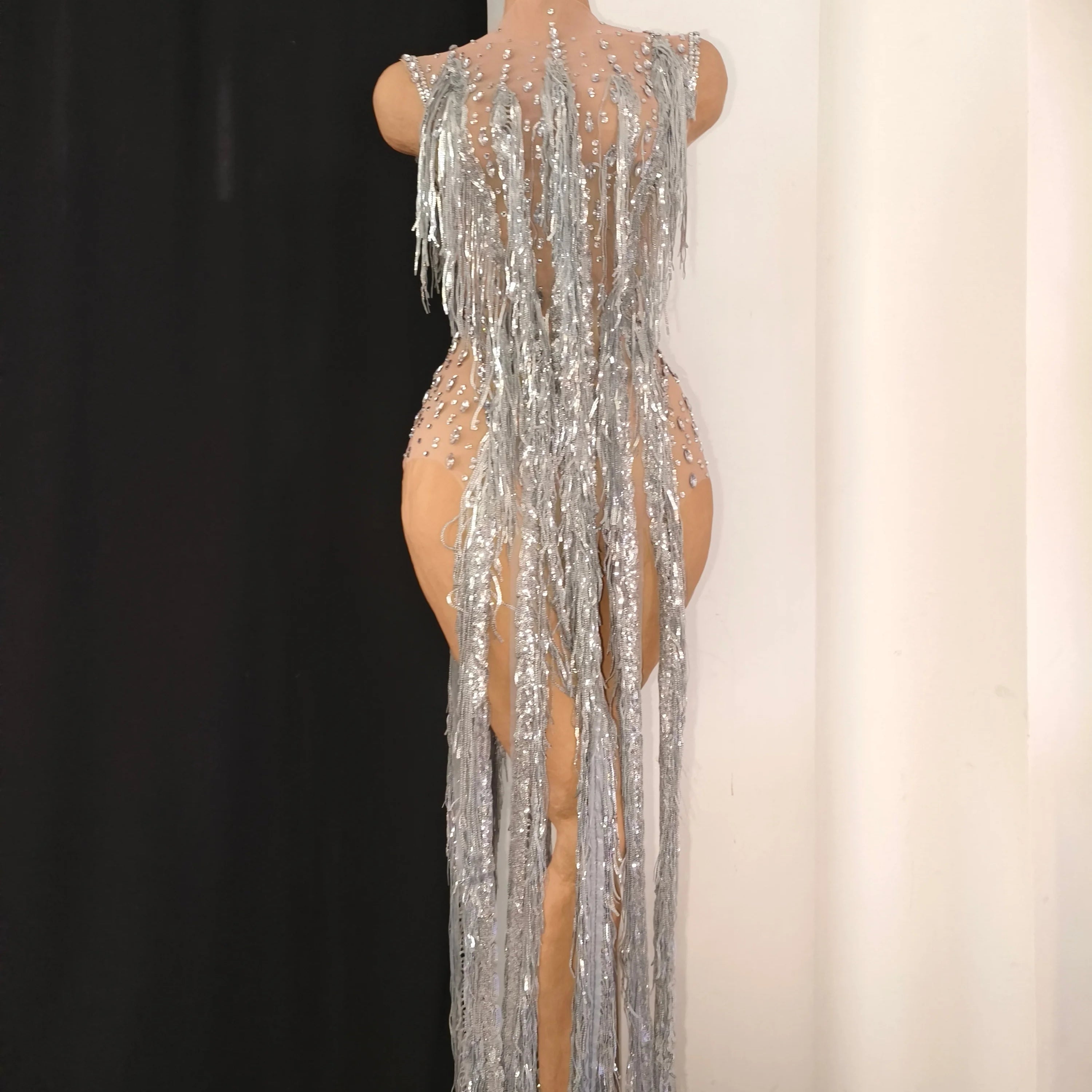 Sparkly Opulent Silver Long Tassel Sheer Mesh Crystal Rhinestone Dress Slim-fit Nightclub Party Clubwear Cocktail Outfit