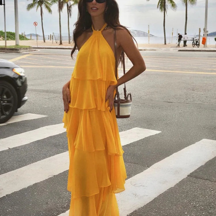 Fashion Ruffles Hem Long Dress For Women Elegant Halter Backless Sleeveless Vestidos Female New Vacation Beach Party Robes orange yellow