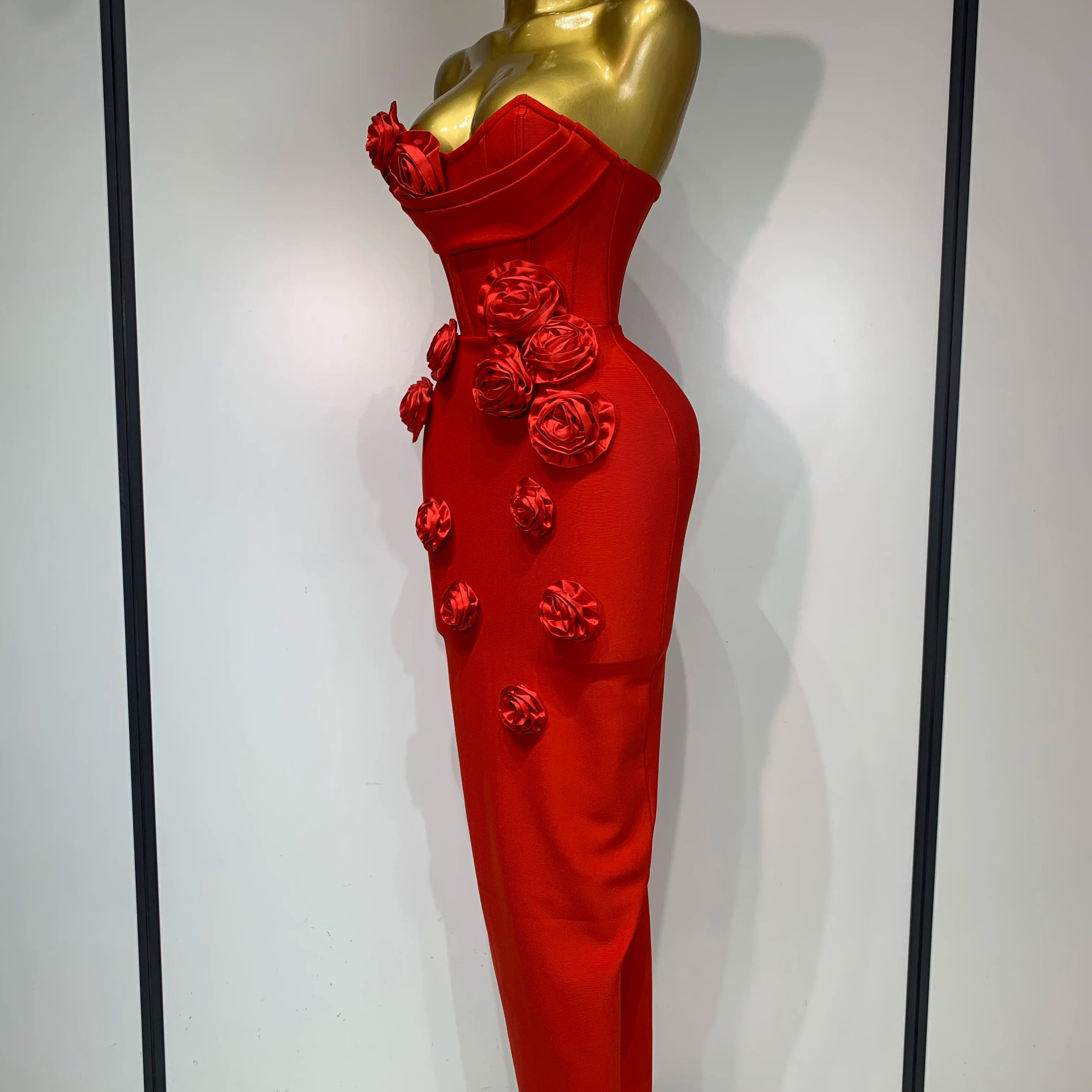 2025 Newest Women Sexy Strapless Backless Red Flower Midi Bandage Dress Celebirty Elegant Evening Club Party Birthday Dresses