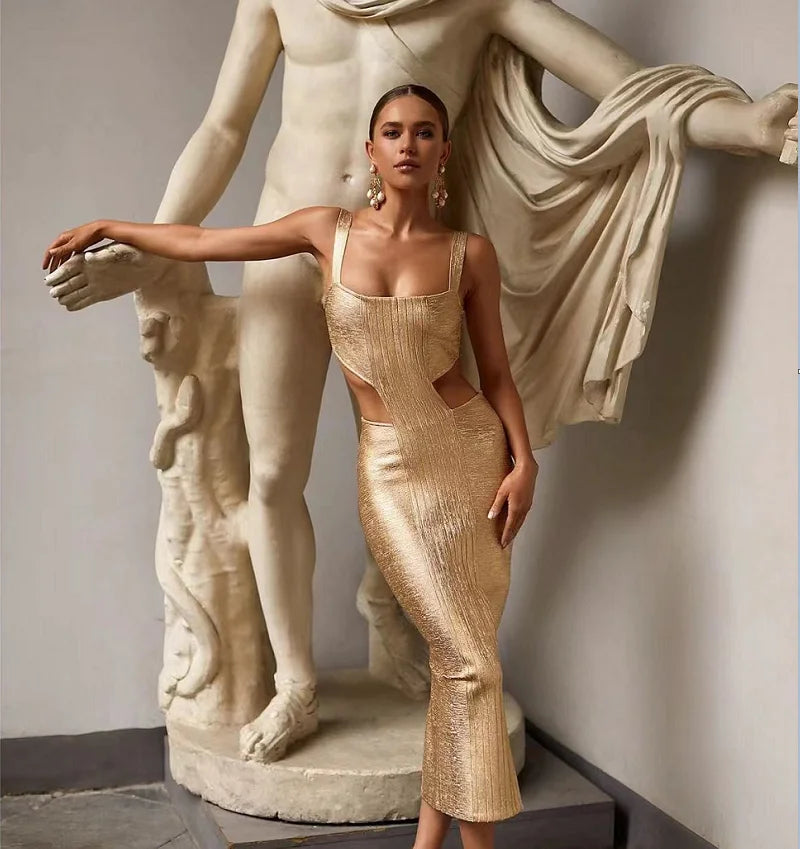 Celebrity 2024 New Foiling Gold Silver Print Rayon Bandage Dress Elegant Evening Party Dress Vestidos