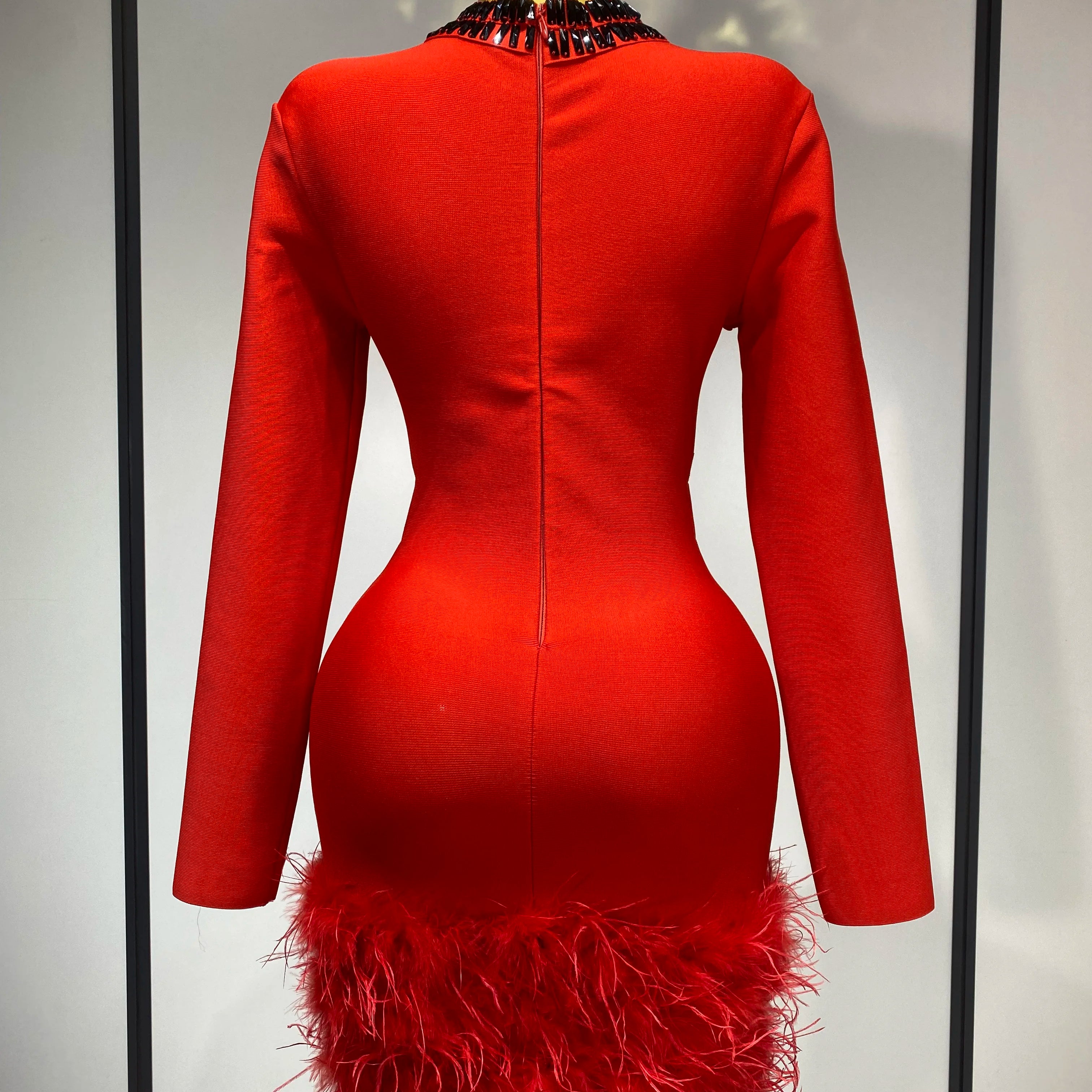 Women Sexy Cut Out Long Sleeve Beading Feather Red Mini Bandage Dress Celebrity Elegant Evening Party Luxury Birthday Dresses