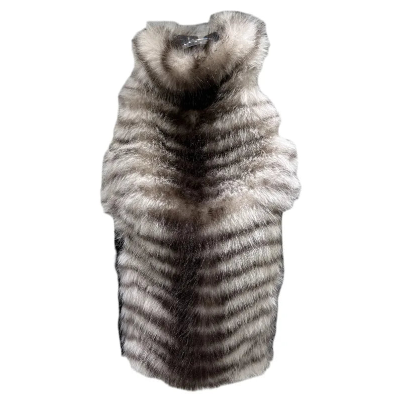 Winter New Fashion Gradient Faux Fur Patchwork Backless Halter Top For Women Outwear Vest Female Trend 11A07670