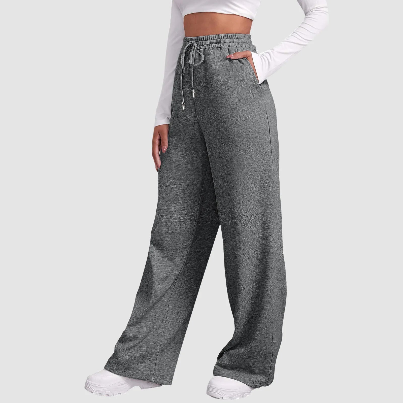 Wide Leg Pants For Women’S Fleece Lined Sweatpants Straight Pants Bottom All-Math Plain Fitness Joggers Travel Basic Pants Grey-A