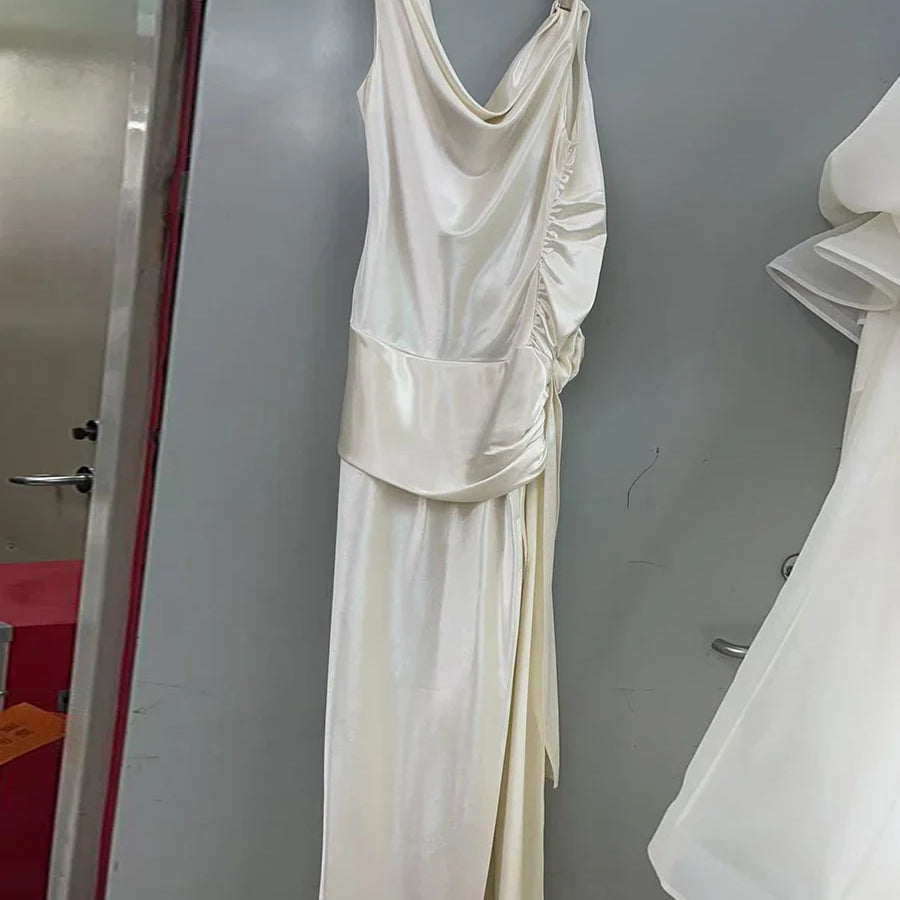 Solid Sliced 3D Flower Split Dresses for Women Swinging Collar Sleeveless Patchwork Folds Backless Dress Female New APRICOT