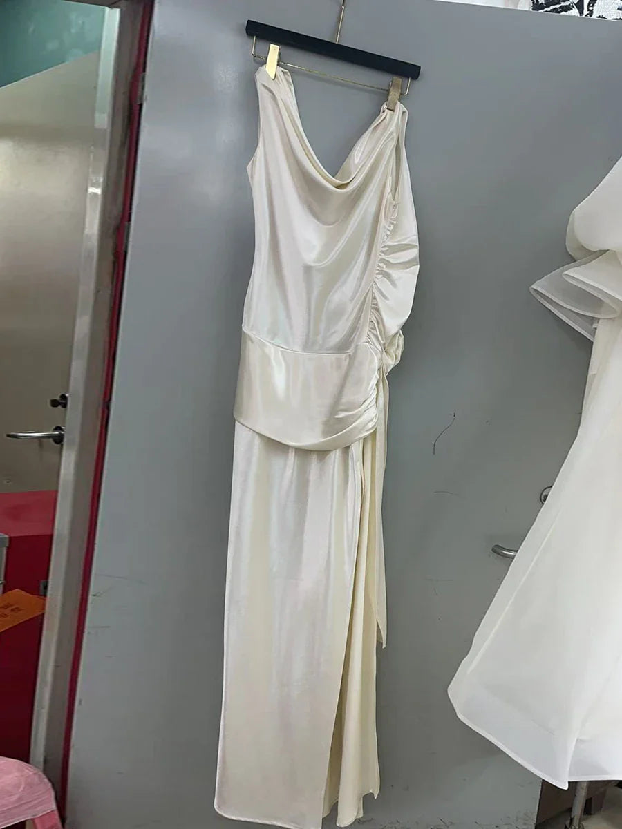 Solid Sliced 3D Flower Split Dresses for Women Swinging Collar Sleeveless Patchwork Folds Backless Dress Female New APRICOT