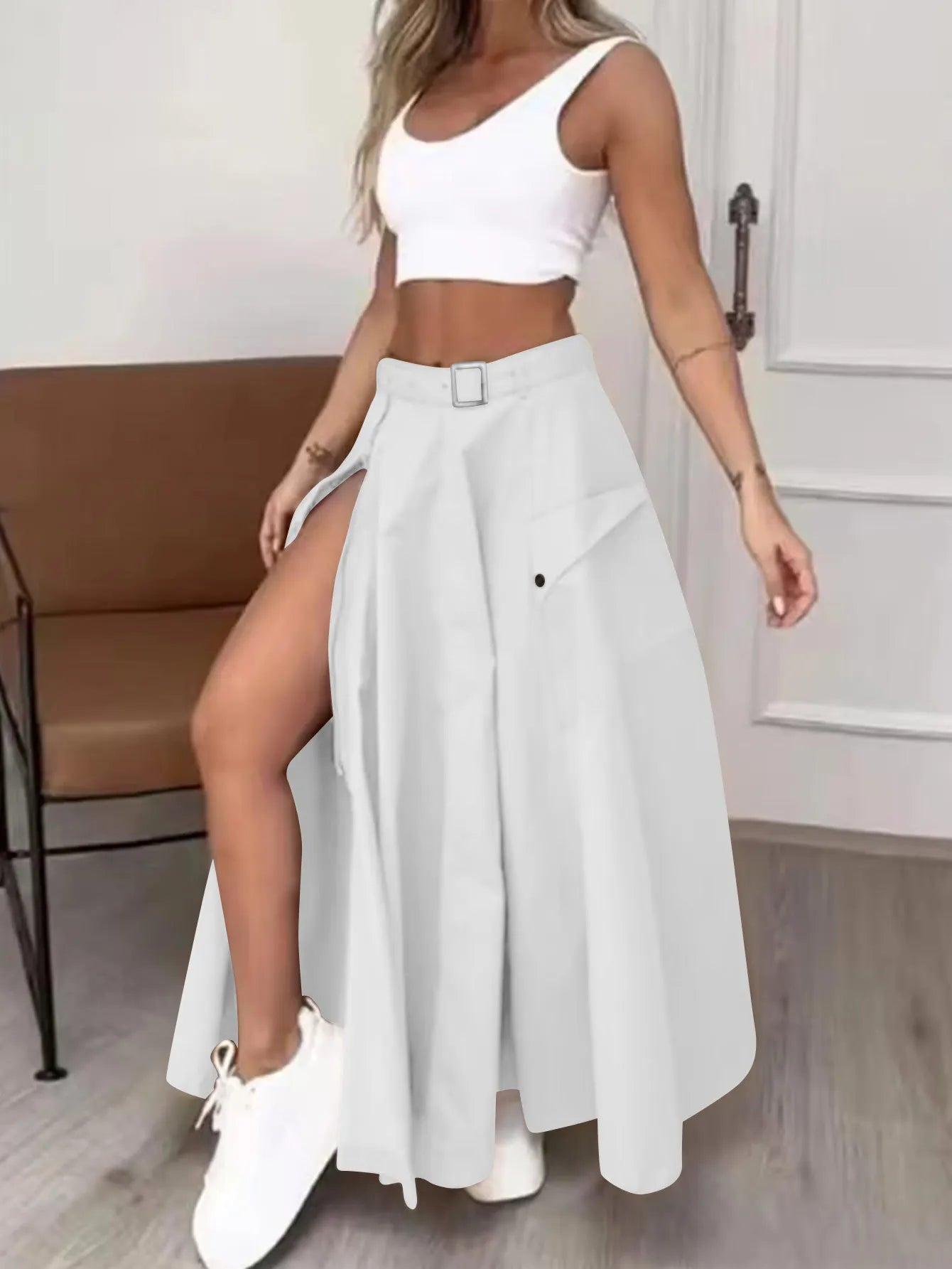 Women Fashion Pocket Front Zipper Slit Slim High Waist Maxi Skirt Streetwear Casual Safari Solid Long Skirts White