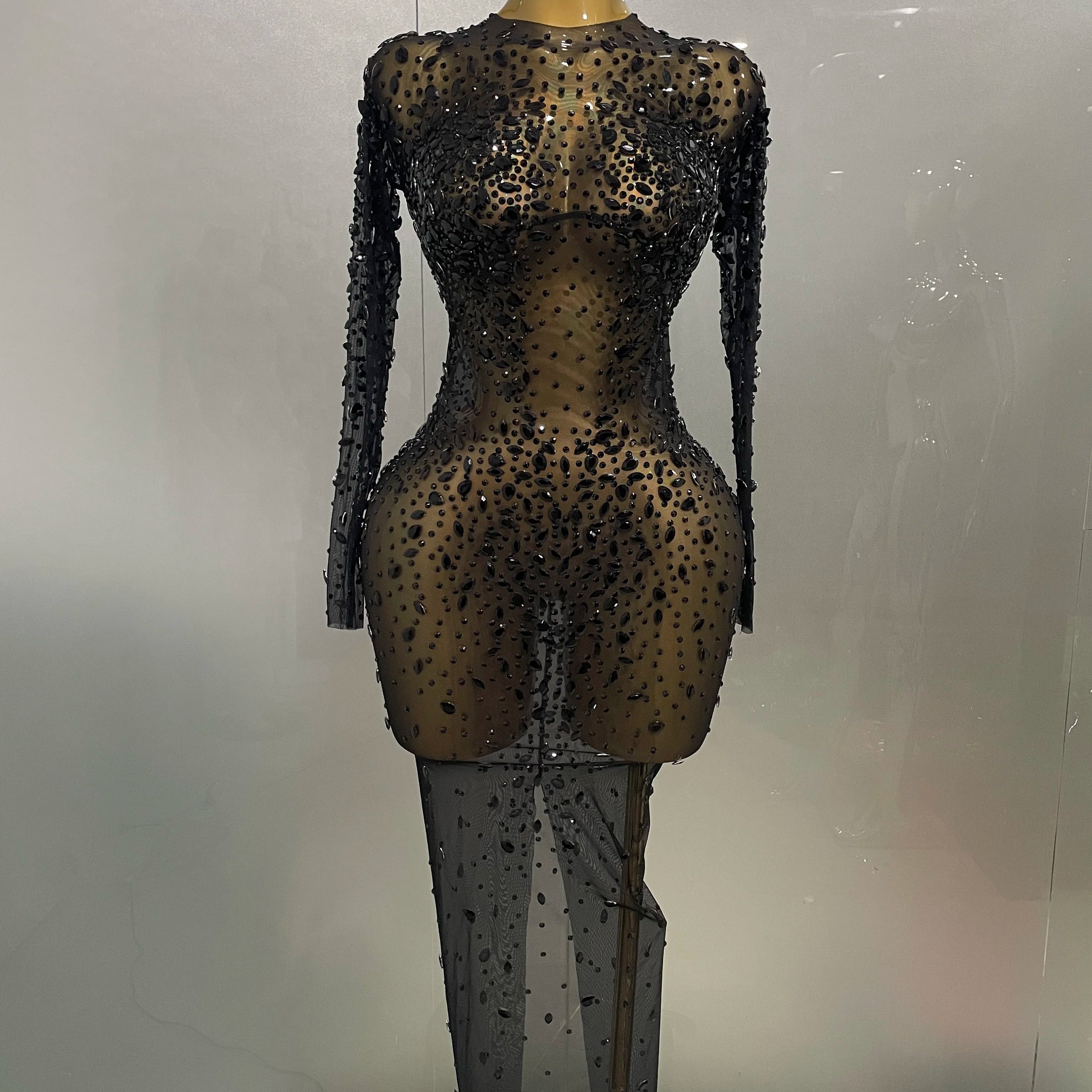 Sexy Shinny Rhinestone Stretch Mesh Transparent Long Dress 2025New Women Evening Birthday Party Prom Nightclub Singer Stage Wear black