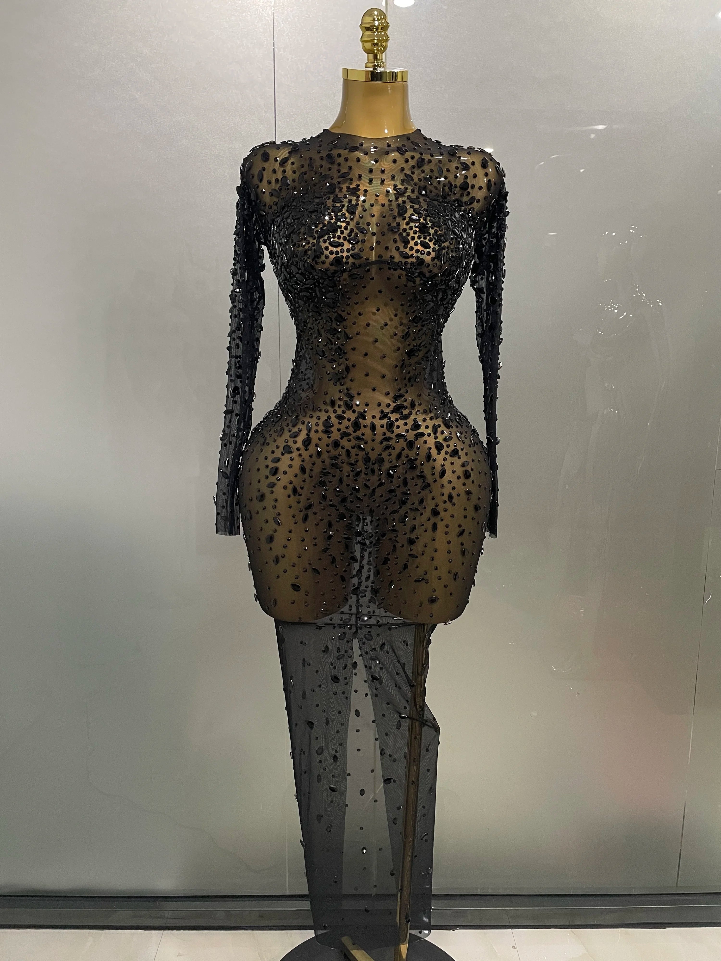 Sexy Shinny Rhinestone Stretch Mesh Transparent Long Dress 2025New Women Evening Birthday Party Prom Nightclub Singer Stage Wear black