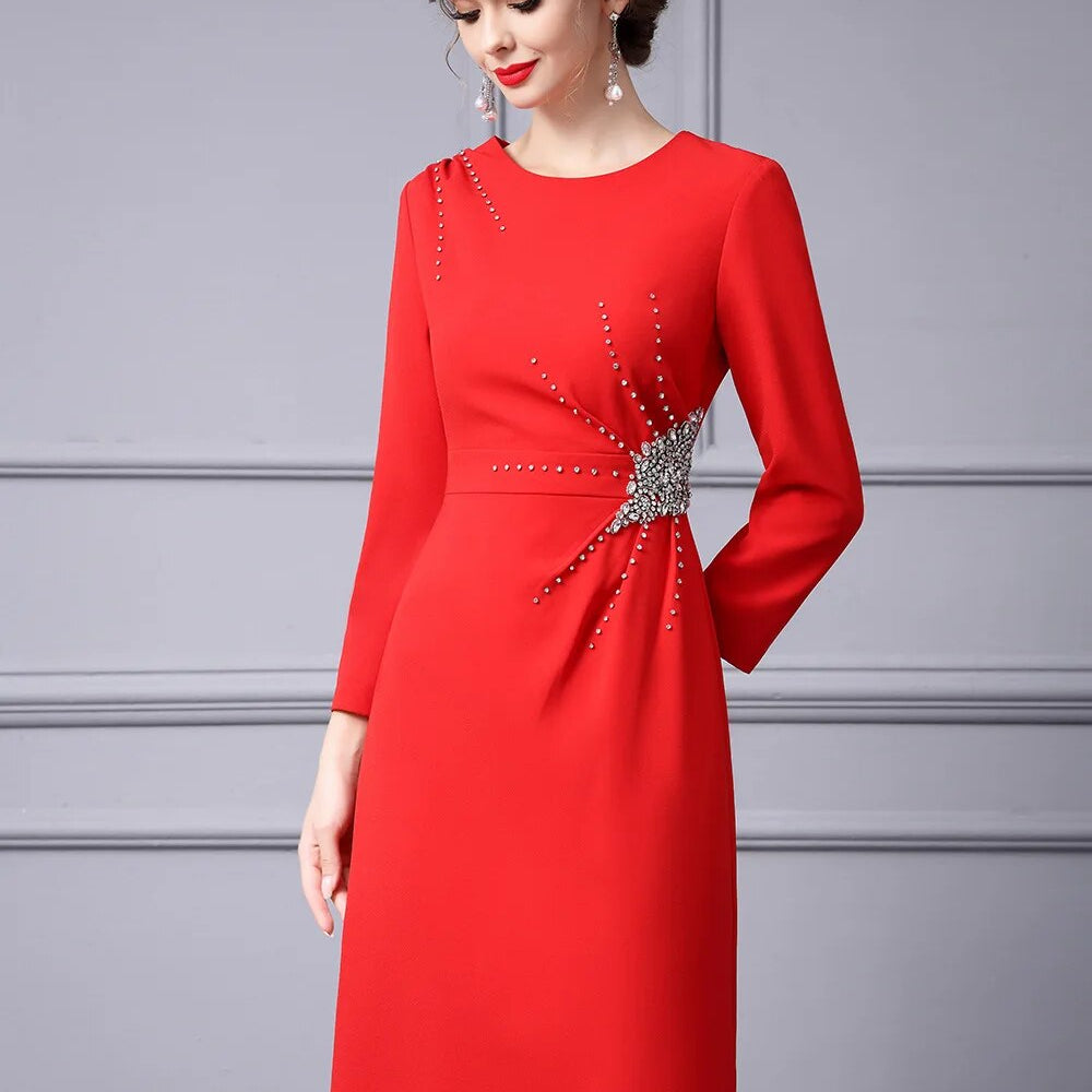 ZJYT Autumn Luxury Diamonds Party Formal Occasion Dresses for Women 2024 Elegant Christmas Red Cocktail Vestidos Fiesta Robe