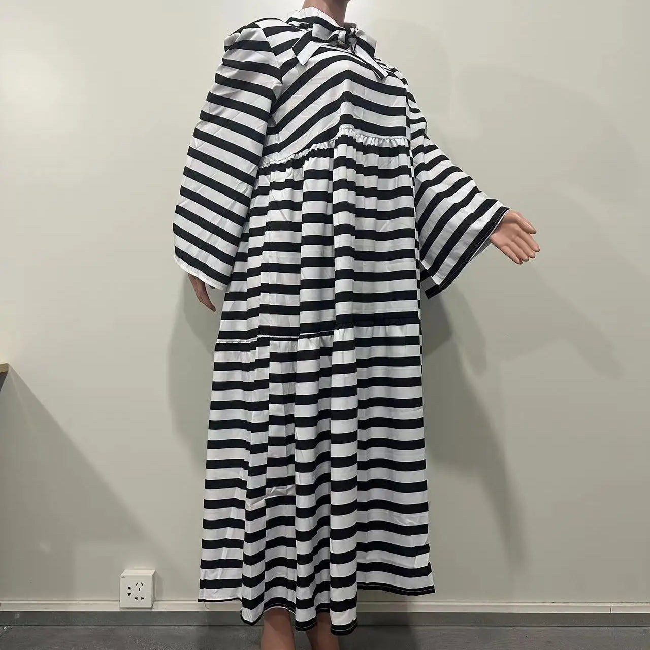 CM.YAYA Vintage Women Striped Bowknot Collar Long Sleeve High Waist Big Swing Babydoll Maxi Long Dress 2023 New Vestidos Dresses