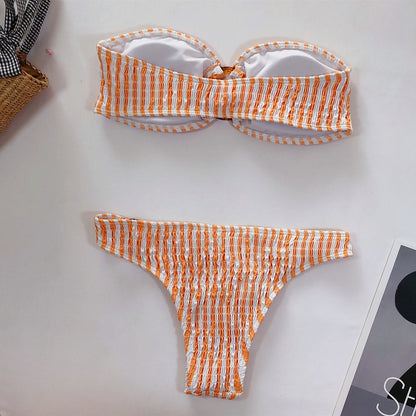 Sexy Bikini Bandeau Striped Pleated Swimwear - Swimsuit Bikinis Set Bathing Suit Beach Bikini Female Hoop Ring Decor Tankini