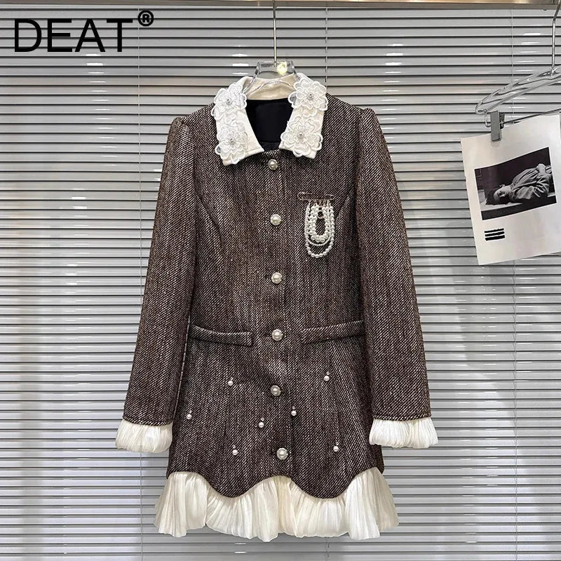 Winter New Fashion Temperament Style Chiffon Edge Bead Chain Brooch Cotton Inner Dress For Women Long Coat 11A07867