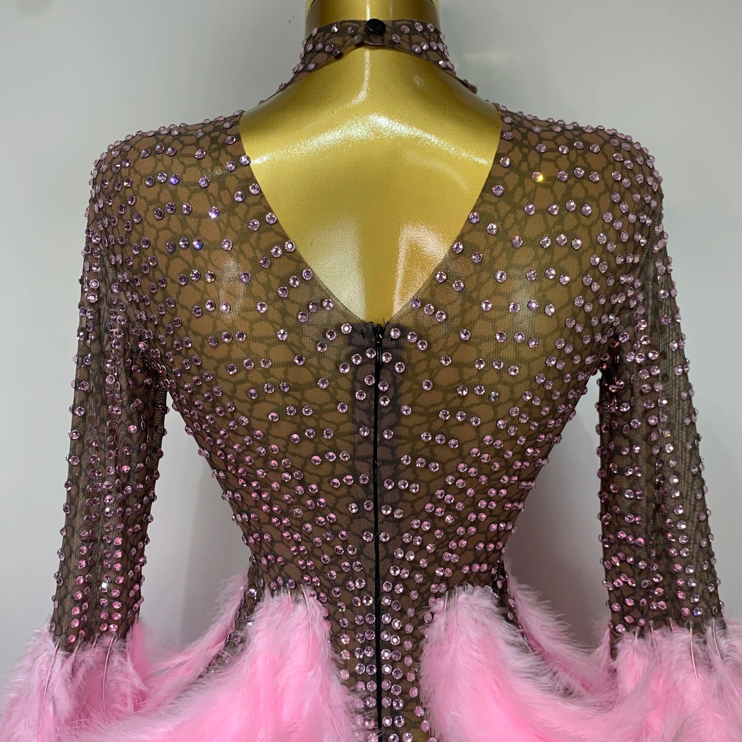 Women Luxury Birthday Dress Rhinestones Mesh Feathers Bodycon Mini Celebrity Evening Club Party Dress Nightclub Stage Outfit