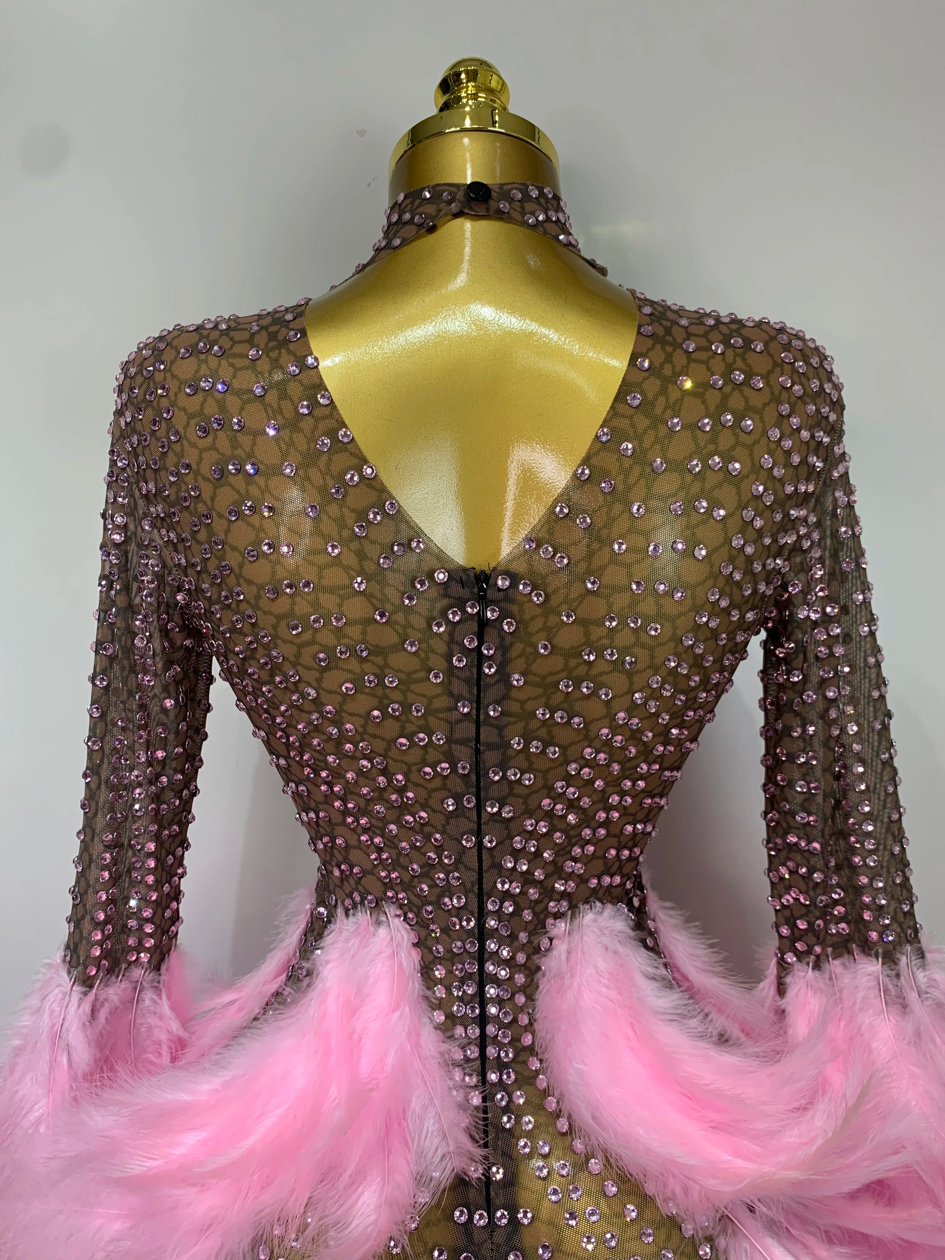 Women Luxury Birthday Dress Rhinestones Mesh Feathers Bodycon Mini Celebrity Evening Club Party Dress Nightclub Stage Outfit