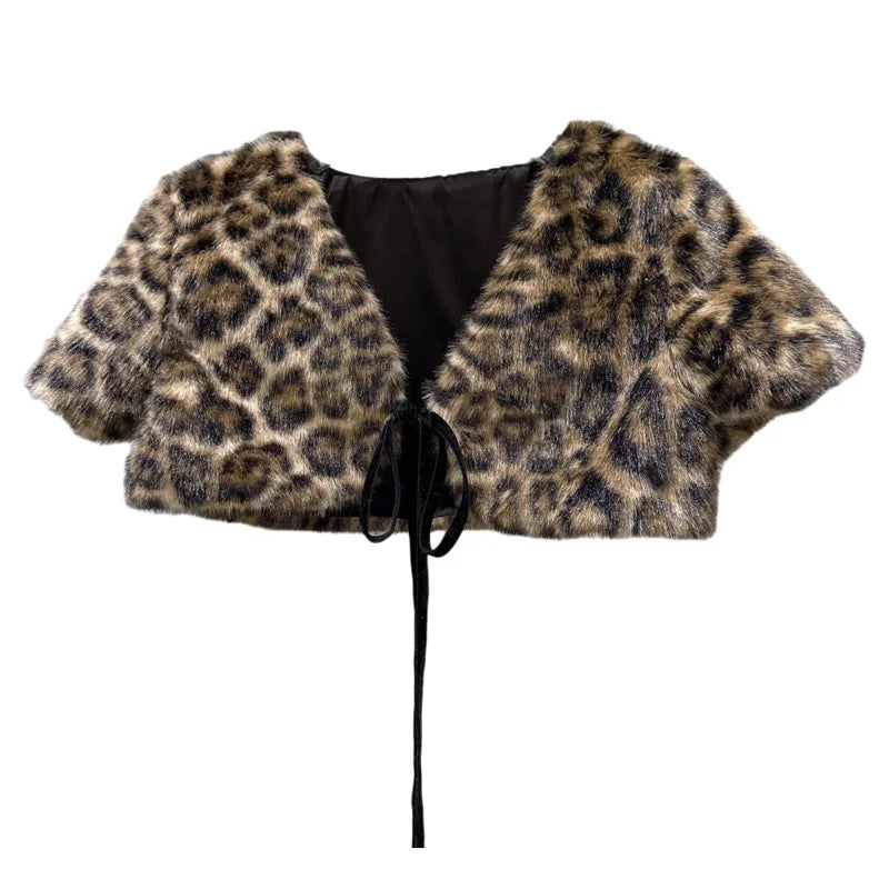 Winter New Style V-Neck Yellow Leopard Print Tie Design Fluffy Shawl Top For Women High Waist Cardigan Female 11A07487