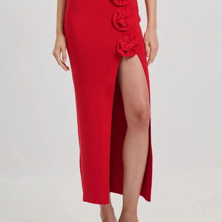 VC Stylish Chic Casual Red High Waisted Midi Bandage Dress Three Dimensional Roses and Slits Party Outdoor Skirt