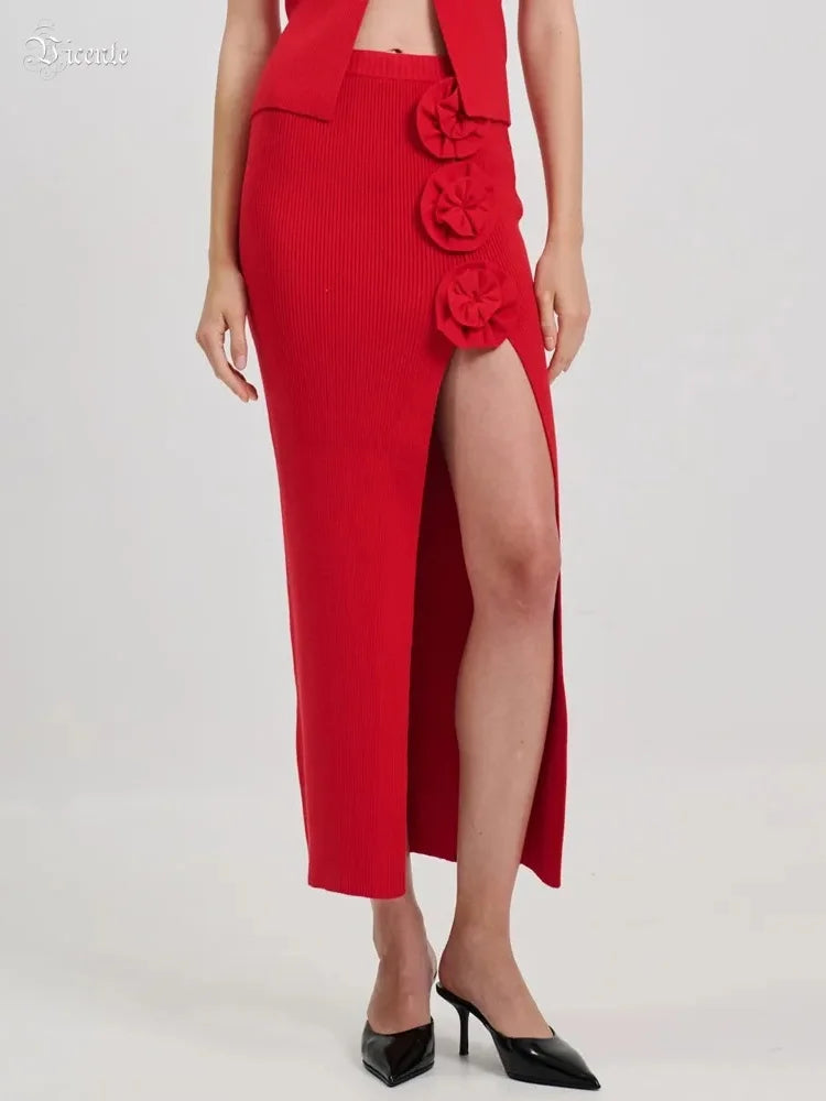 Stylish Chic Casual Red High Waisted Midi Bandage Dress Three Dimensional Roses and Slits Party Outdoor Skirt