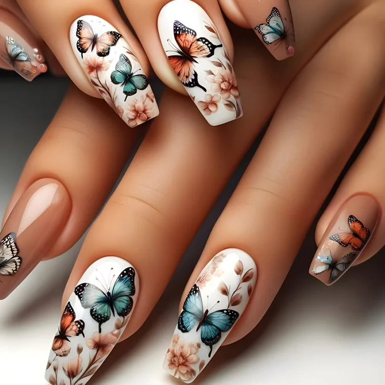 24pcs/set Medium long fake nails for women Spring summer flowers butterfly bee design faux ongles tips press on false nail art 1937