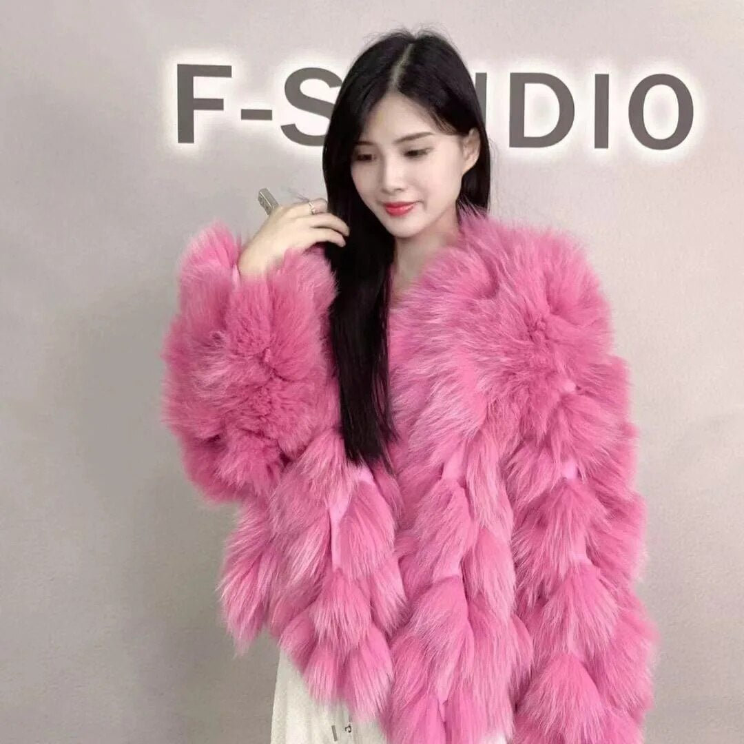 Women Winter Warm Luxury Fashion Full Sleeves V Neck Short Fur Jacket Real Fox Fur Coat Female Pluffy Outwear 7 One Size