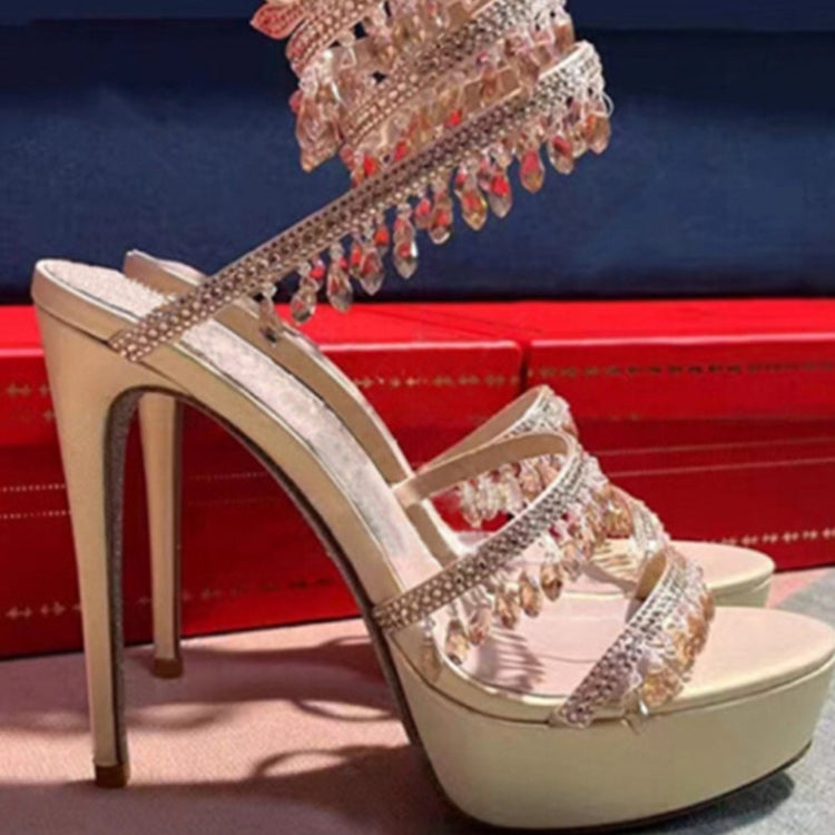 Summer New Round Toe Thick Sole Sandals with Snake Twisted Beaded Water Diamond Thin Heel High Heel Sandals for Women golden