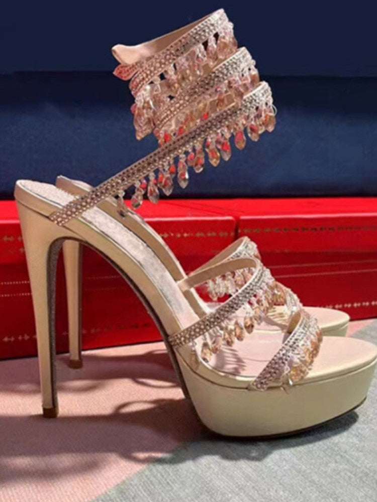 Summer New Round Toe Thick Sole Sandals with Snake Twisted Beaded Water Diamond Thin Heel High Heel Sandals for Women golden