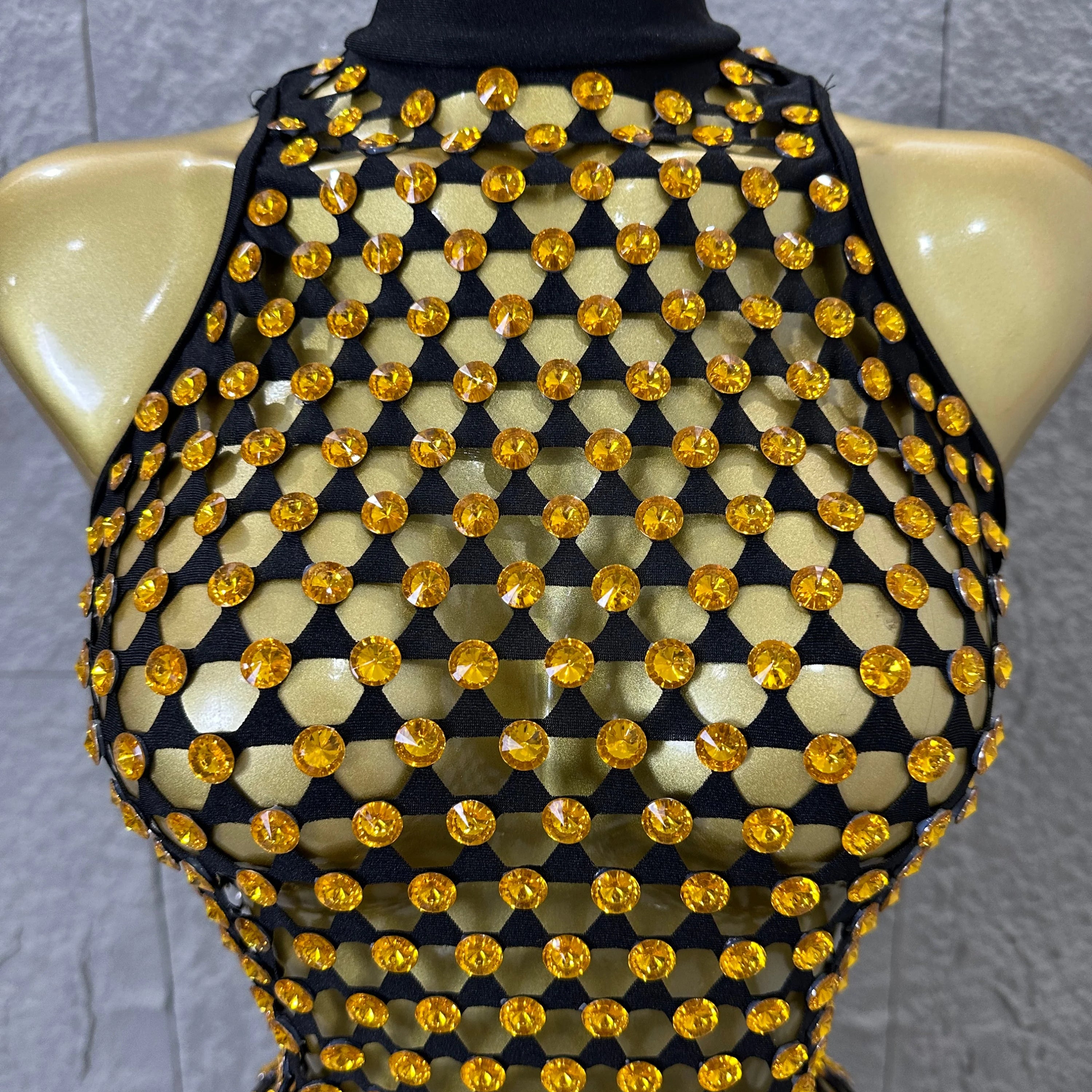 Luxury 2026 Glamorous Black Mesh Halter Mini Dress Sparkle Rhinestone Gold Silver Bead Bodycon Bar Stage Performance Costume