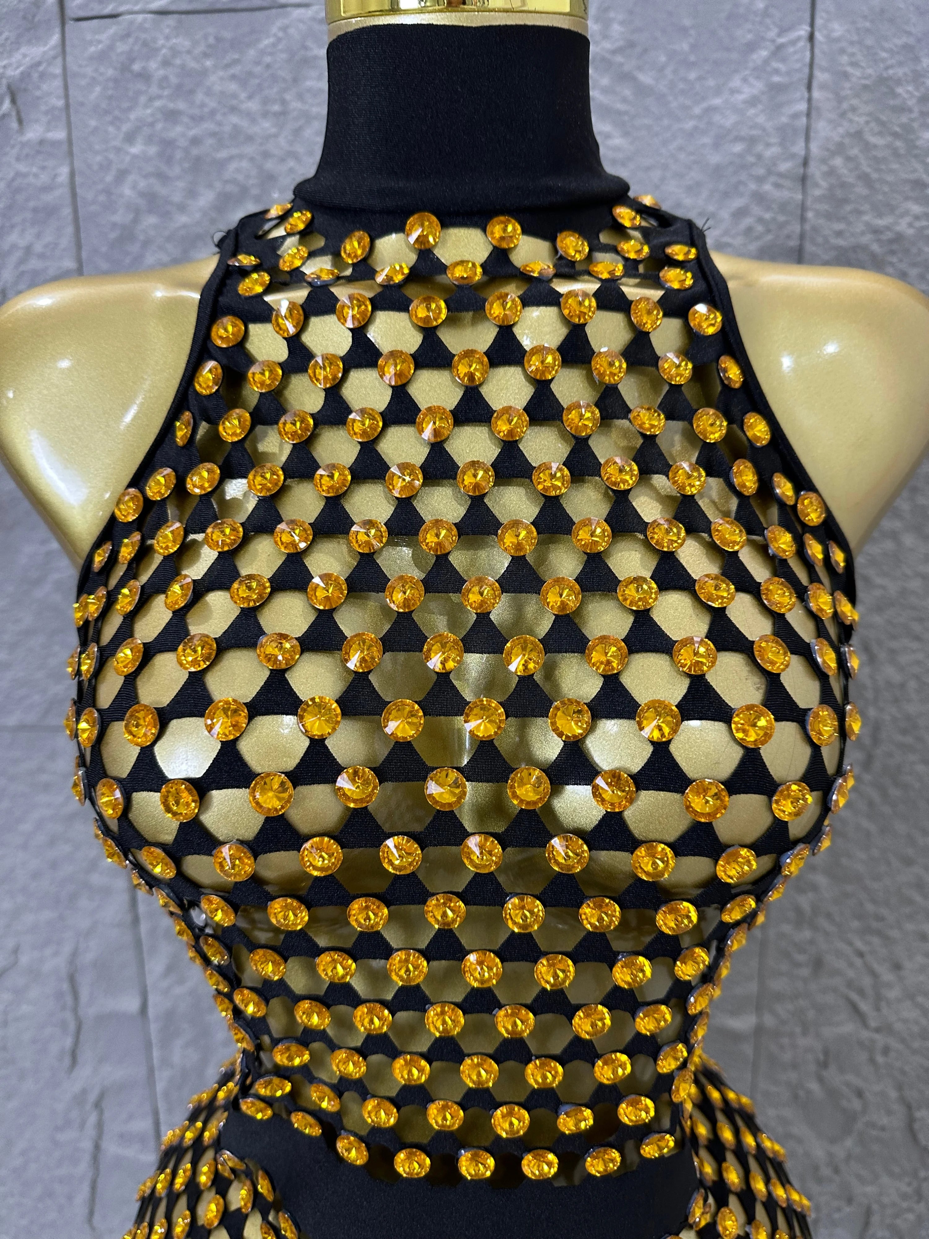 Luxury 2026 Glamorous Black Mesh Halter Mini Dress Sparkle Rhinestone Gold Silver Bead Bodycon Bar Stage Performance Costume