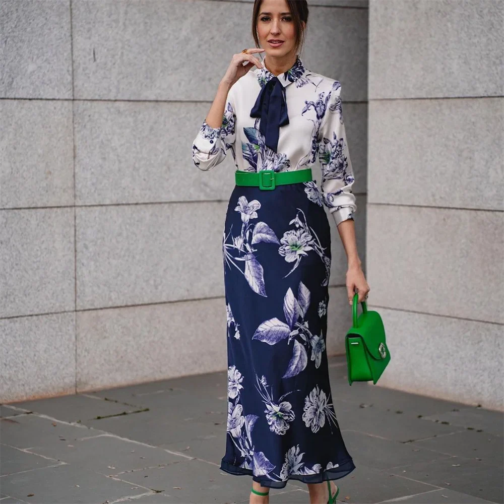 UNIZERA Spring New Fashion Bow Decoration Printed Shirt+High Waist Versatile Long Skirt Spliced with Silk Texture Skirt