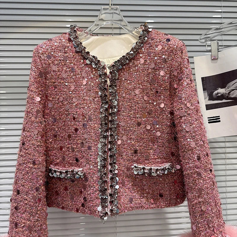Winter New Fashion Fox Fur Sleeve Sequin Tweed Cotton Short Coat For Women Covered Button Jacket Female 11A07857