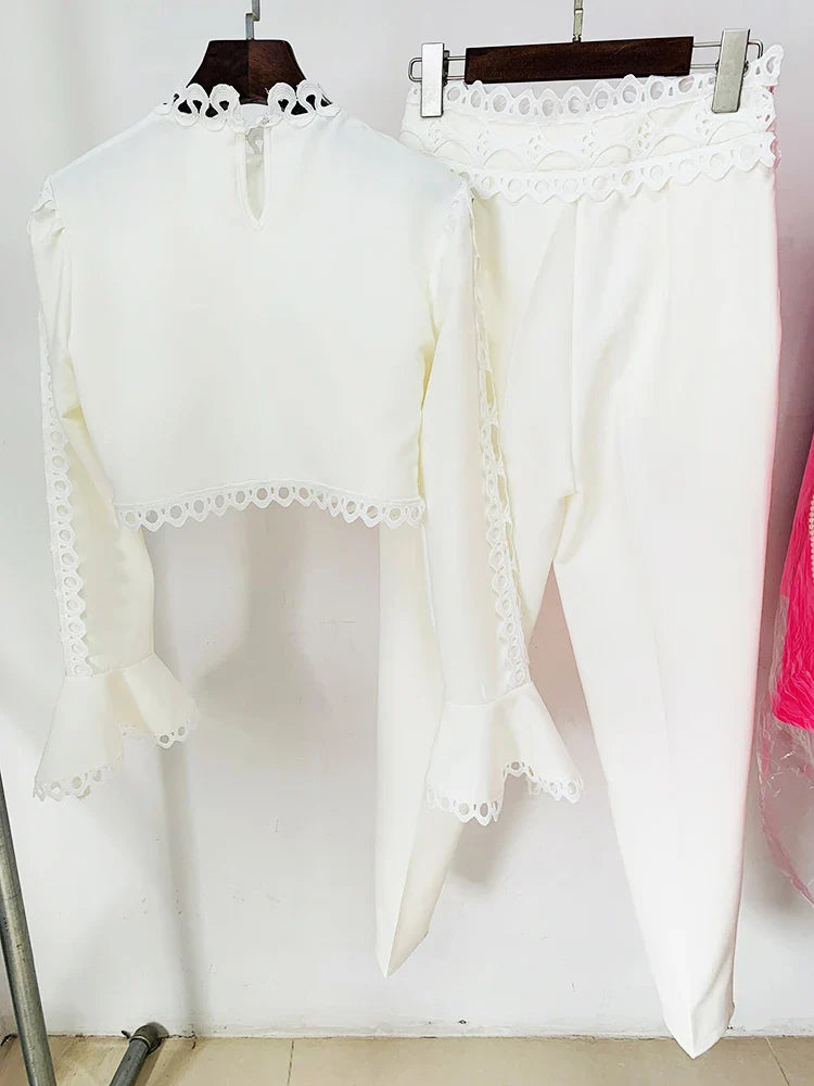 HIGH STREET Newest Designer Suit Set Women's Flare Sleeve Hollow Out Lace Trimmed Tops Blouse Pencil Pants Set