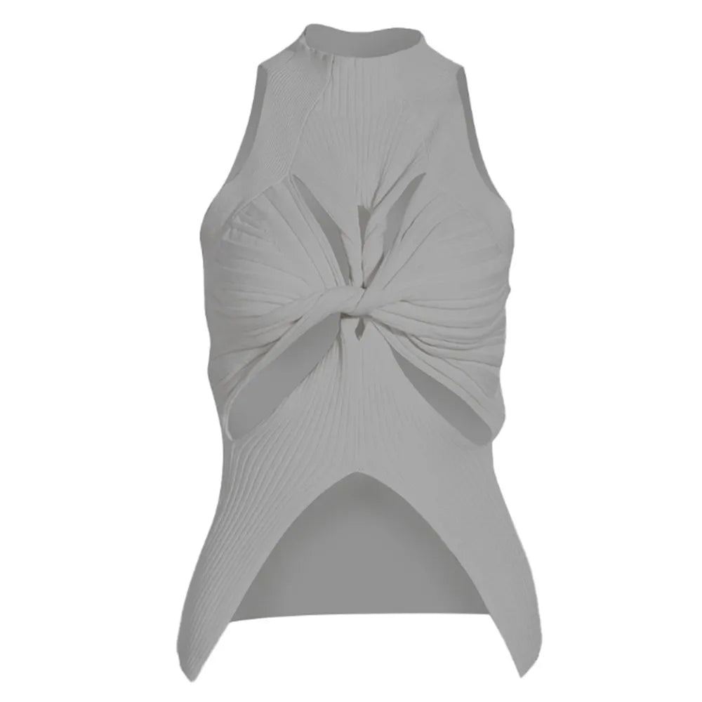 Solid Hollow Out Knitting Tank Tops For Women Turtleneck Sleeveless Off Shoulder Slim Vests Female Fashion Clothing gray