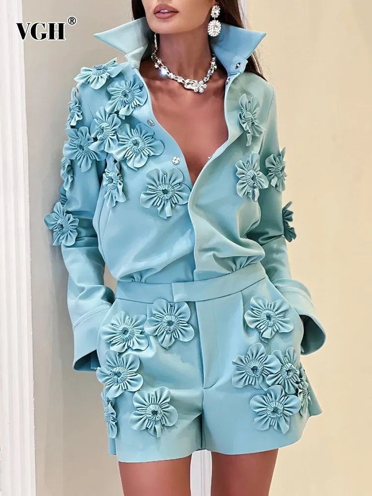 VGH patchwork appliques solid slimming jumsuit for women lapel long sleeve high waist temperament jumpsuits female fashion new