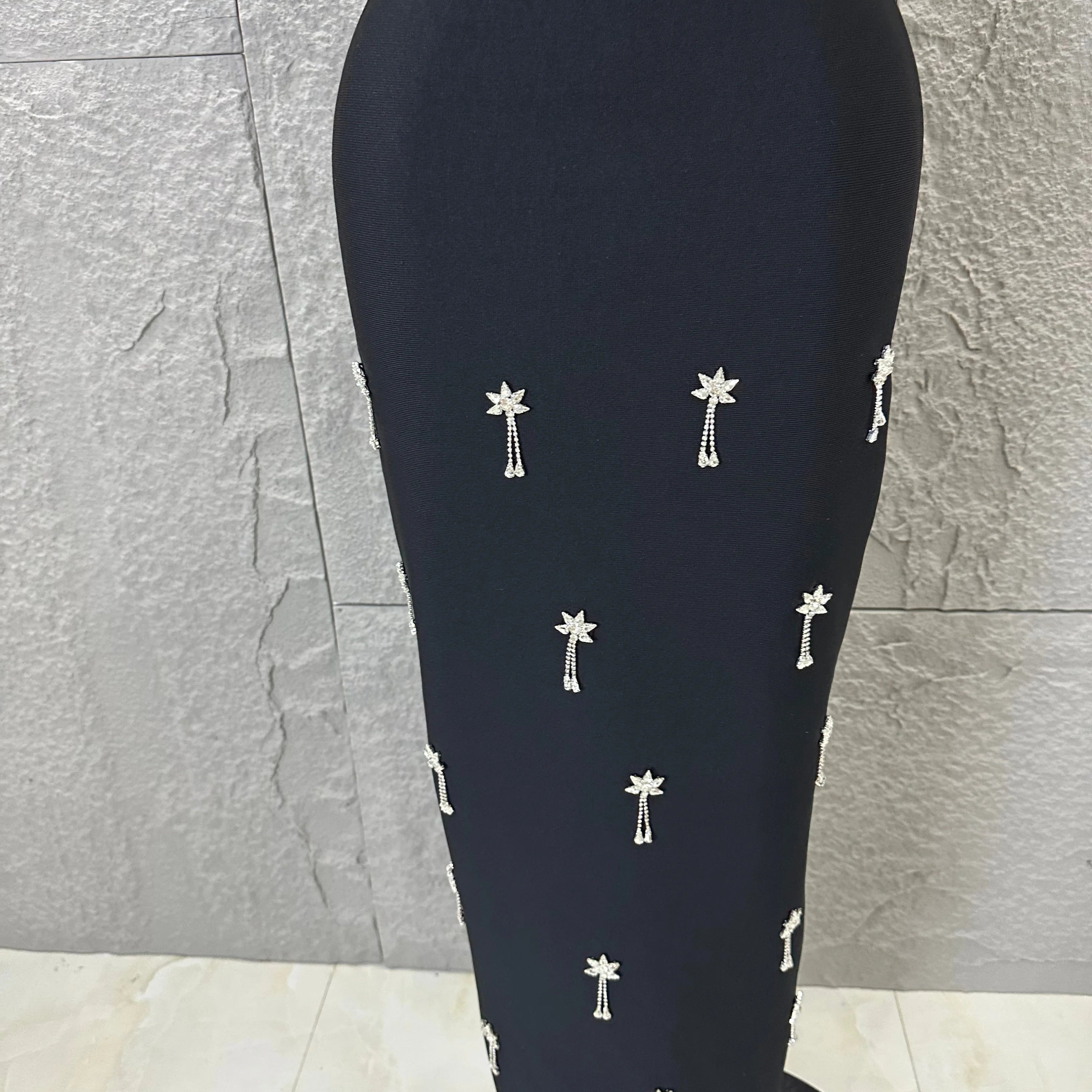 Black White Two Piece Set Women Elegant Short Sleeve Beaded Crop Top High Waist Pencil Midi Skirt Formal Suit