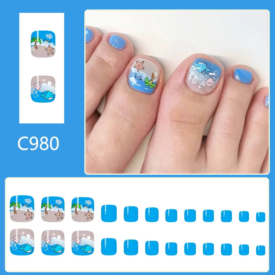 24pcs Summer Beach False Toenails Blue French Square Fake Toenails Wearable Coconut Trees Shell Print Press on Nails for Toe 1