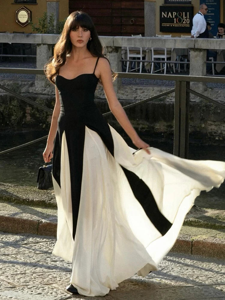 Color Block Spaghetti Straps Long Dress For Women Backless A-Line Maxi Celebrity Cocktail Party Evening Gowns Casual Vestidos