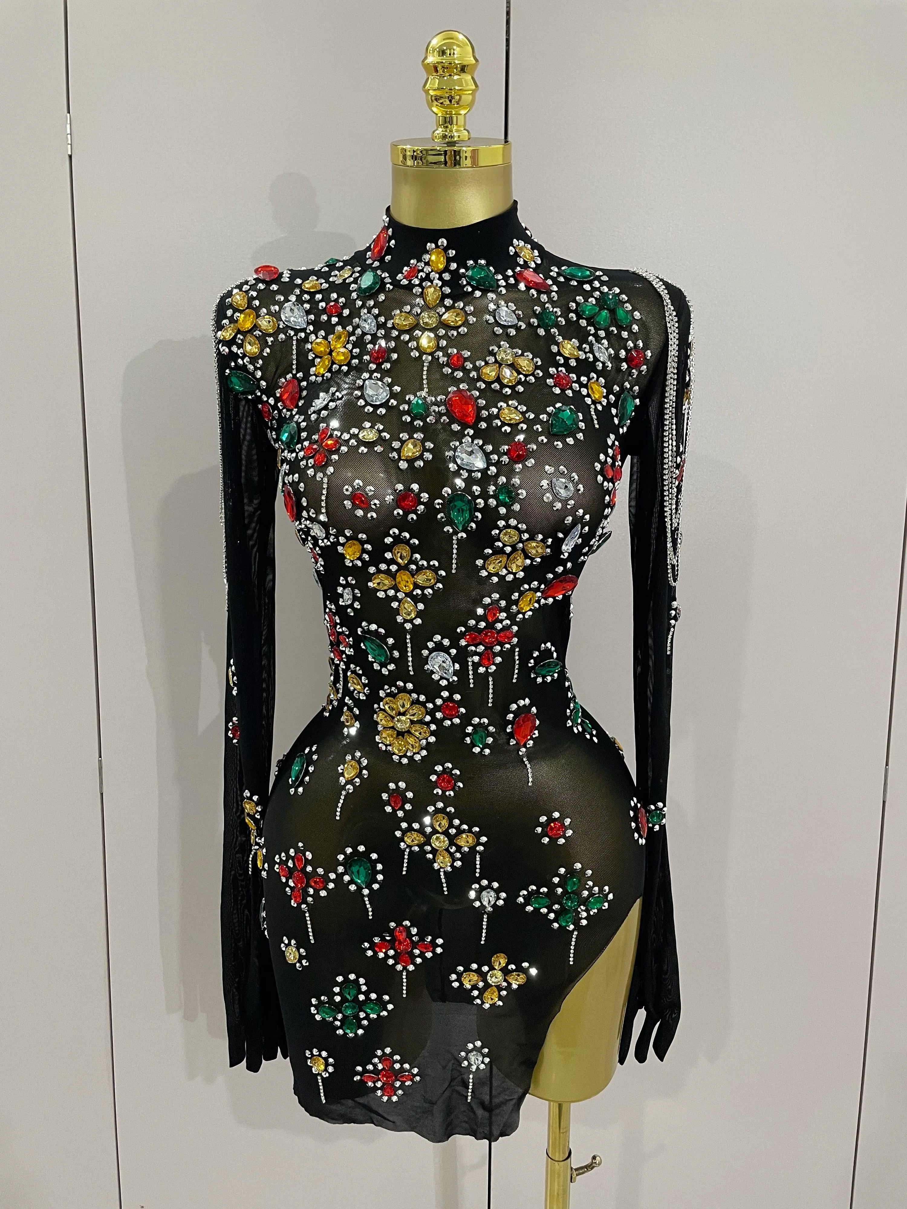 Sexy Sparkle Multicolor Rhinestones Black Velvet Gloves Slit Short Dress 2025New Women Evening Birthday Party Club Stage Costume Black Mesh