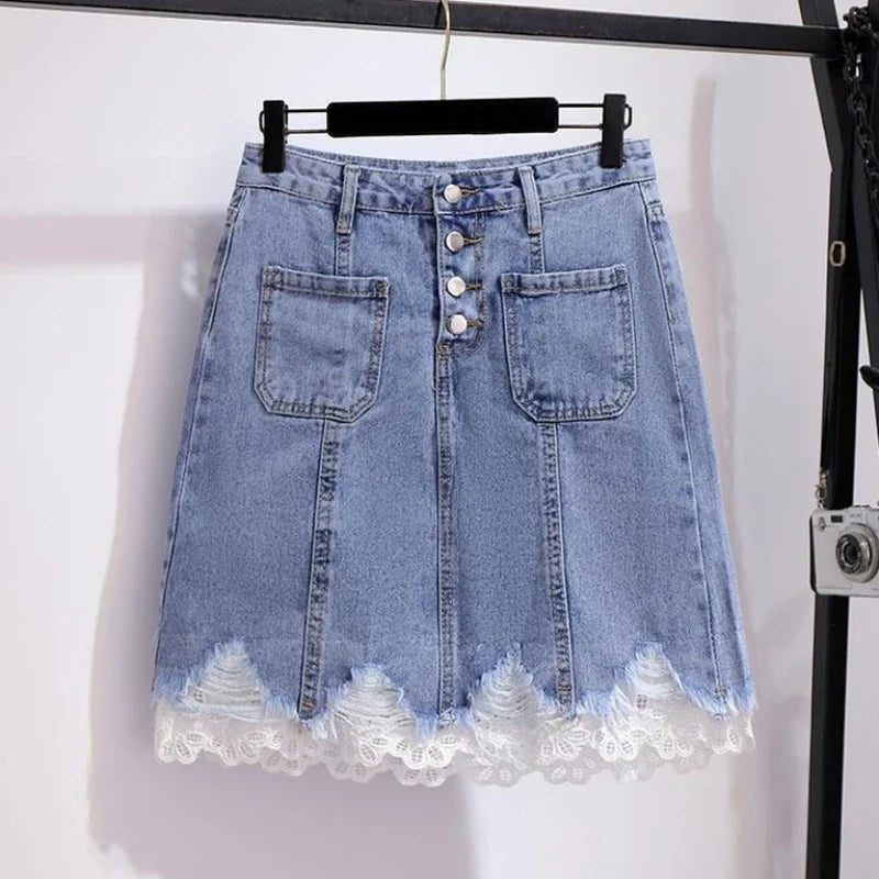 Women's Skirt Ripped Skirts for Woman Lace Clothes with Pocket Blue Patchwork Premium Luxury New in Harajuku Korean Style A Line