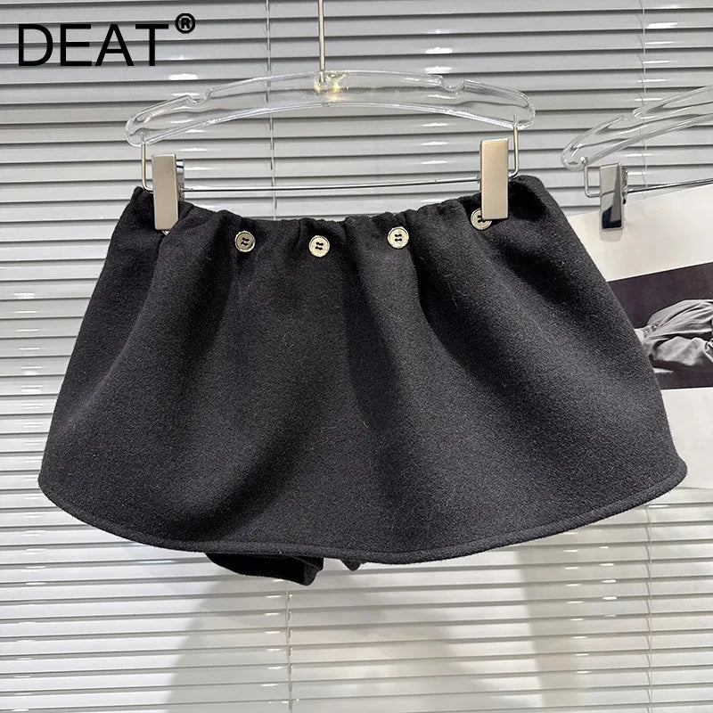 Winter New Niche Fashion Button Black Wool Puff Skirts For Women Elastic Waist Short Skirt Female Trendy 11A07575