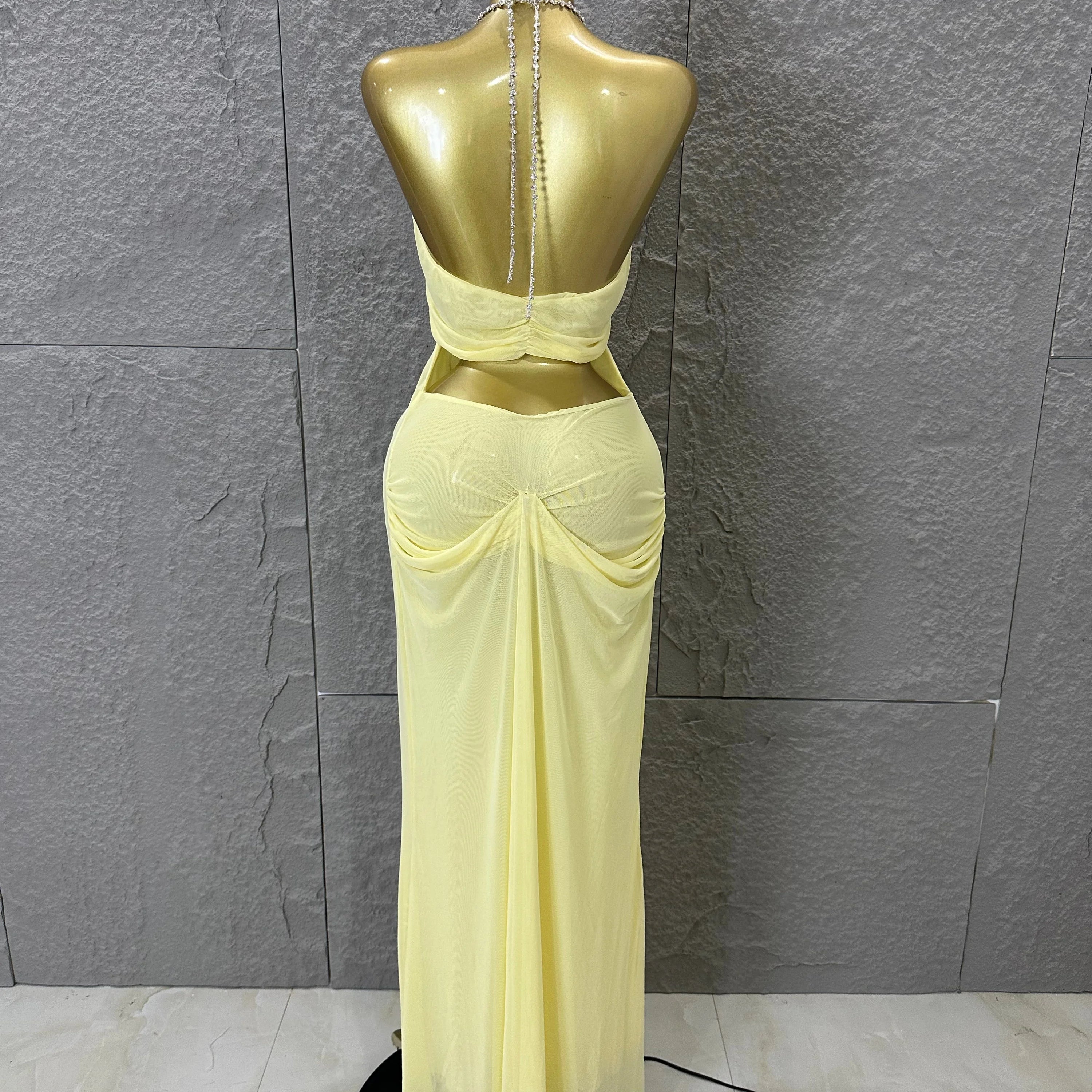 Sexy Halter Neck Maxi Dress Crystal Chain Cutout Ruched Women Sheer Mesh Form Outfit Glamorous Evening Gala Party Costume