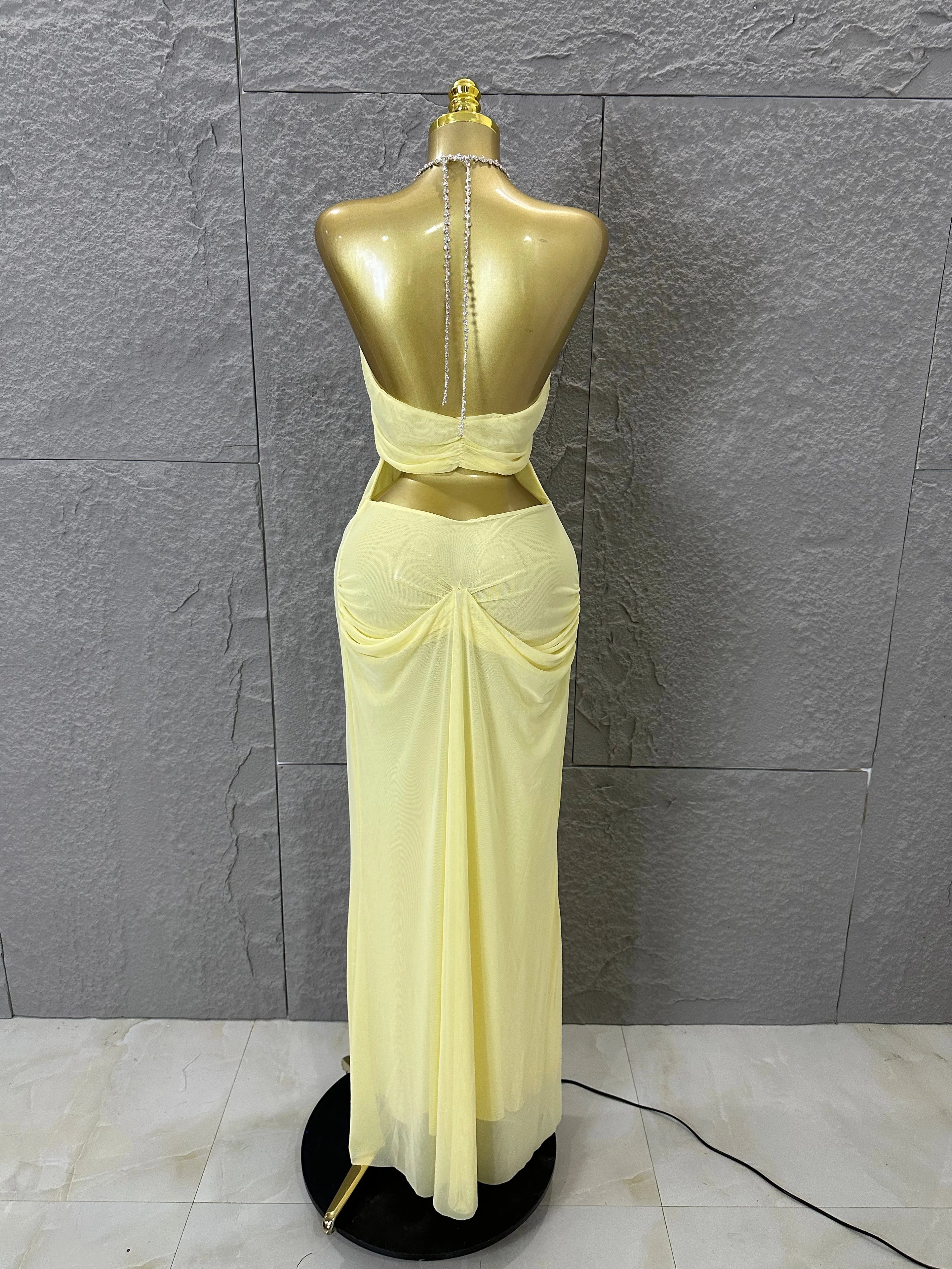 Sexy Halter Neck Maxi Dress Crystal Chain Cutout Ruched Women Sheer Mesh Form Outfit Glamorous Evening Gala Party Costume