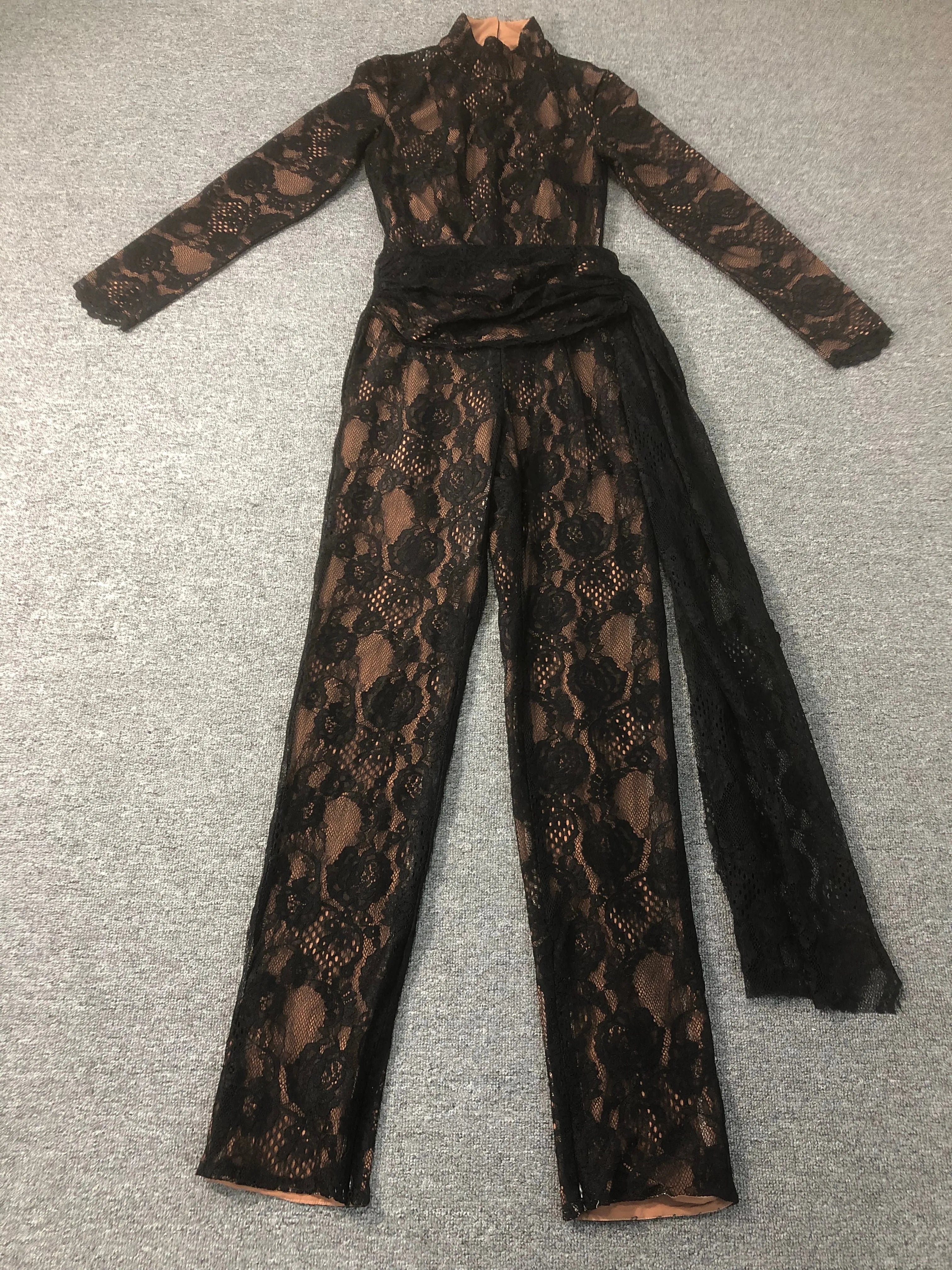 Black White Color Women Long Sleeve Sexy Lace Bodycon Jumpsuit Draped Celebrate Nightclub Party Bar Singer Stage Wear black